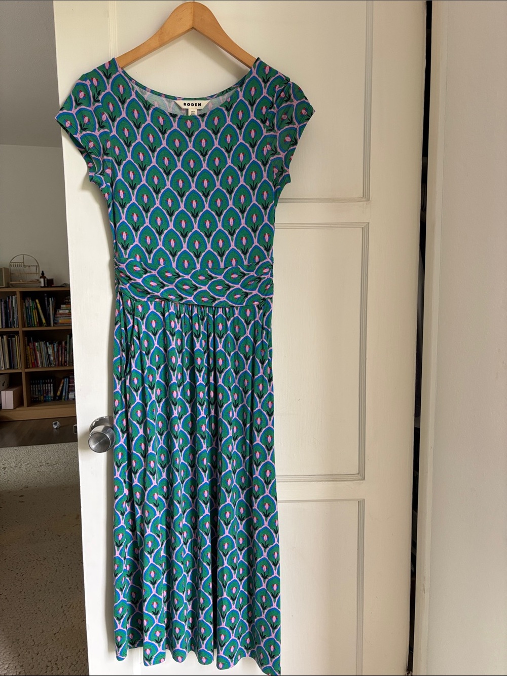 Boden Teal and Pink Patterned Cap-Sleeve Midi Dress